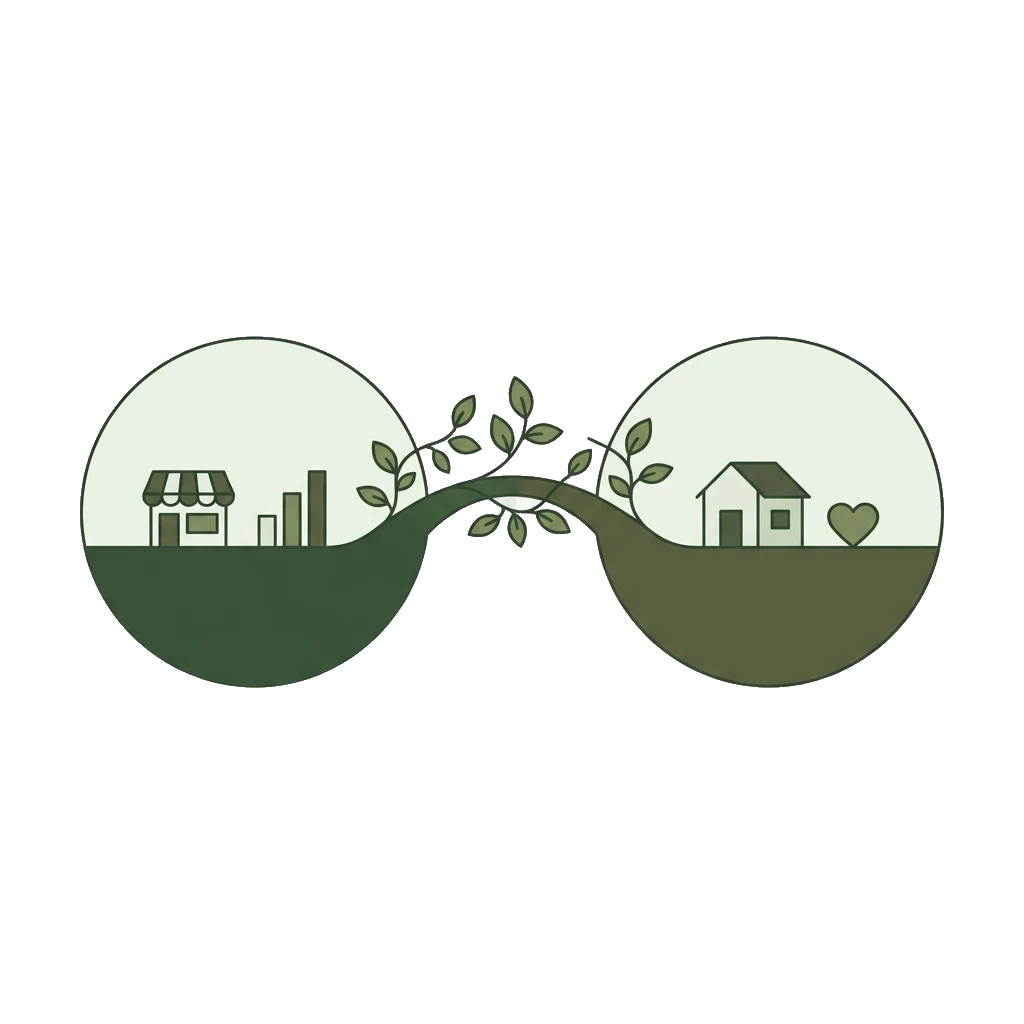 Illustration of a storefront circle and a house circle connected by a vine