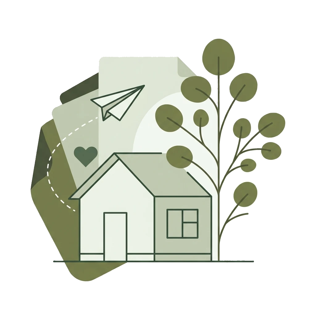 Illustration of a house, a family tree drawn as a botanical sprig, and a paper plane, in sage green tones